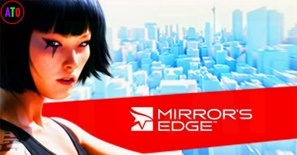 امرأة بشعر قصير ووشم أسود على وجهها، خلفية مدينة زرقاء. يوجد شعار لعبة "Mirror's Edge" على شريط أحمر في الجانب الأيمن.