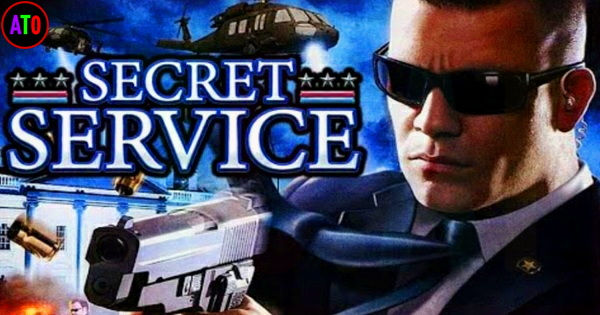 رجل بنظارات شمسية يحمل مسدسًا مع طائرات هليكوبتر في الخلفية. النص: "SECRET SERVICE" مع ألوان داكنة وزرقاء تخلق جوًا غامضًا.