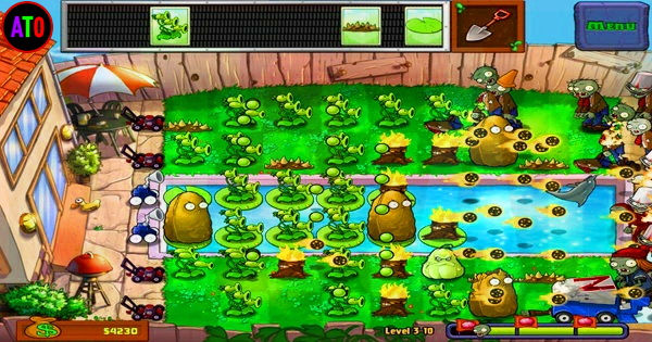 لعبة فيديو تعرض مشهد حديقة مليئة بالنباتات تقاتل الزومبي. خلفية خشبية، عشب أخضر، وبركة مائية. أزرار تحكم وجزء من الواجهة مرئي.