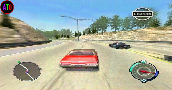 سيارتان تتسابقان على طريق سريع محاط بالأشجار تحت سماء زرقاء، مع لوحة عدادات وأجهزة قياس سرعة مرئية. الألوان زاهية وعملية.