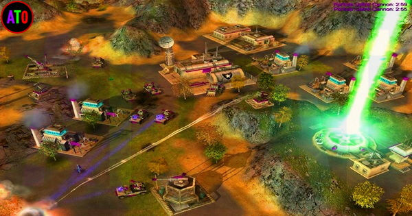 مشهد من لعبة فيديو يظهر قاعدة عسكرية في تضاريس جبلية. دبابات وأبراج ومباني مضيئة. شعاع أخضر ساطع في الخلفية.