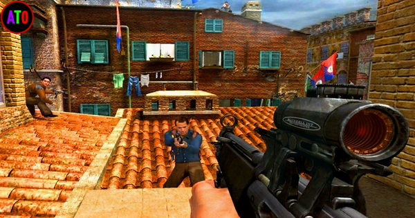 شخصان مسلحان على أسطح الطوب الأحمر في مدينة. مشهد لعبة فيديو قتالي، ألوان زاهية، بيوت قديمة، علم يُرفرف وملابس مغسولة.