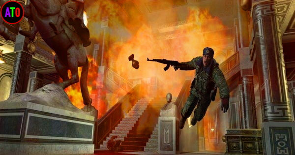 جندي مسلح يقفز في قاعة فخمة بنيران مشتعلة بالخلف. تمثال حصان وسلالم كبيرة. ألوان حمراء وبرتقالية تسيطر. الجو مشحون.