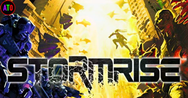 محاربون ببدلات زرقاء يتواجهون ضد كائنات خيالية تحت سماء صفراء. خلفية مدينة مدمرة. كلمة "STORMRISE" في المنتصف.