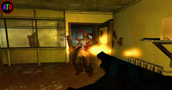 شخصية زومبي تتعرض لإطلاق النار في غرفة متلف, جدرانها صفراء ومظلمة. يظهر انفجار نار من السلاح. الجو مرعب ومزعج.