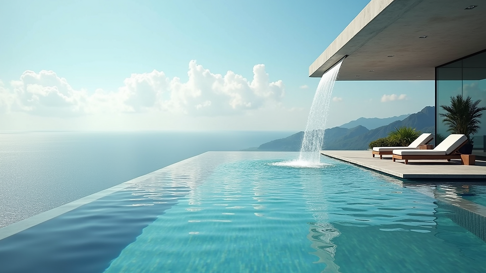 High angle view of a luxury infinity pool with waterfall feature