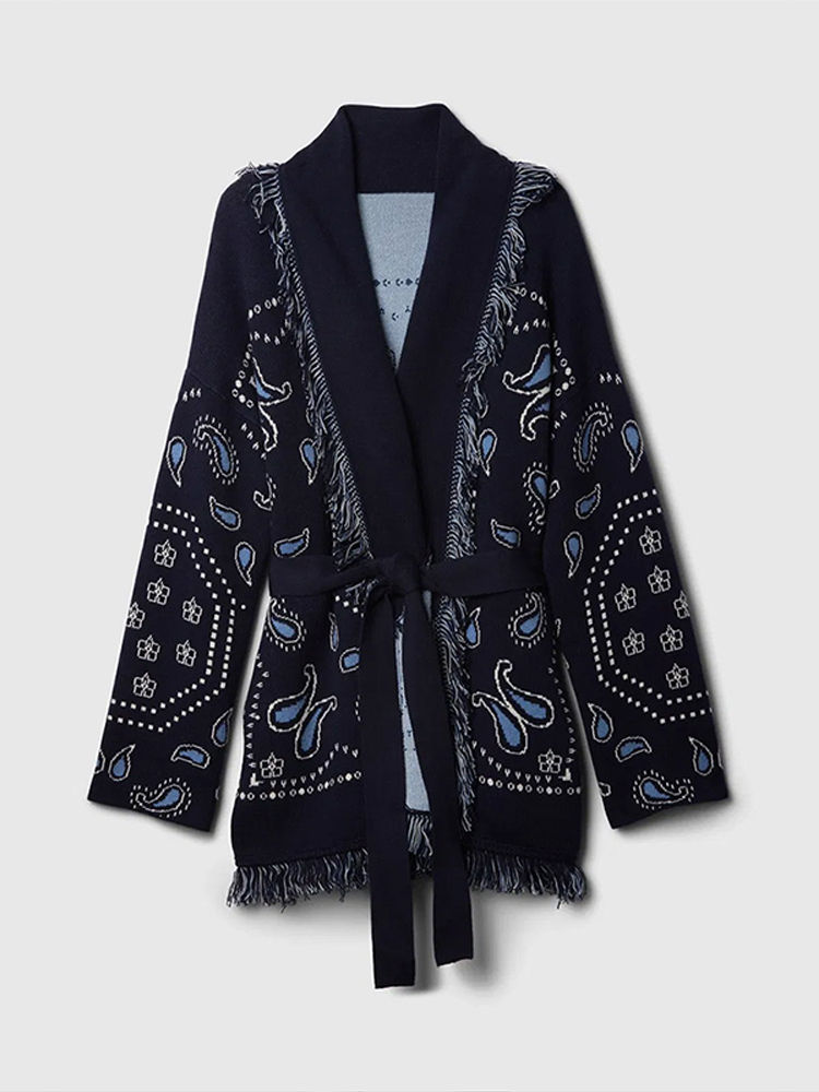 Vintage Tassels Print Women's Print Cardigan V-Neck Lace Up Full Sleeve Spliced