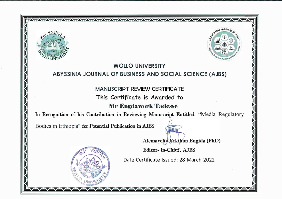 AJBS certificate recognizing Engdawork Tadesse for reviewing the manuscript Media Regulatory Bodies in Ethiopia
