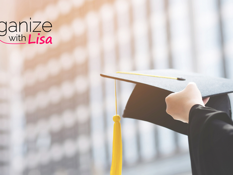 The Organize with Lisa logo on an image of an extended hand about to toss a graduation cap