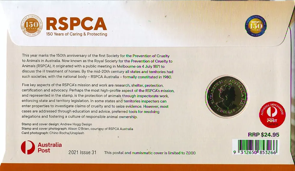 Thumbnail: 2021 RSPCA 150 Years Caring & Protecting 'DOG' PNC/FDC RAM $1 color coin & Stamp