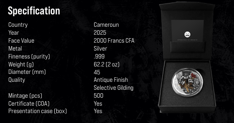 Thumbnail: 2025 Cameroon - Barbarian King 2oz Silver Coin  Ag .999 Antique