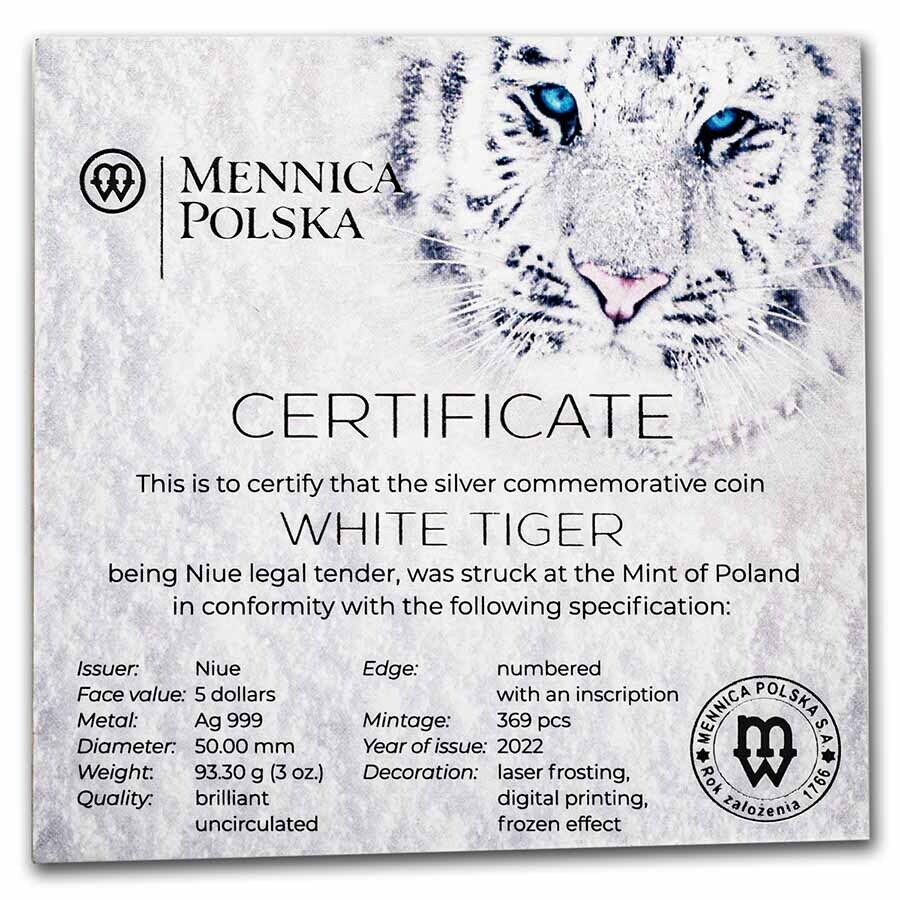 Thumbnail: 2022 Niue 3 oz Silver White Hunters: White Tiger BU
