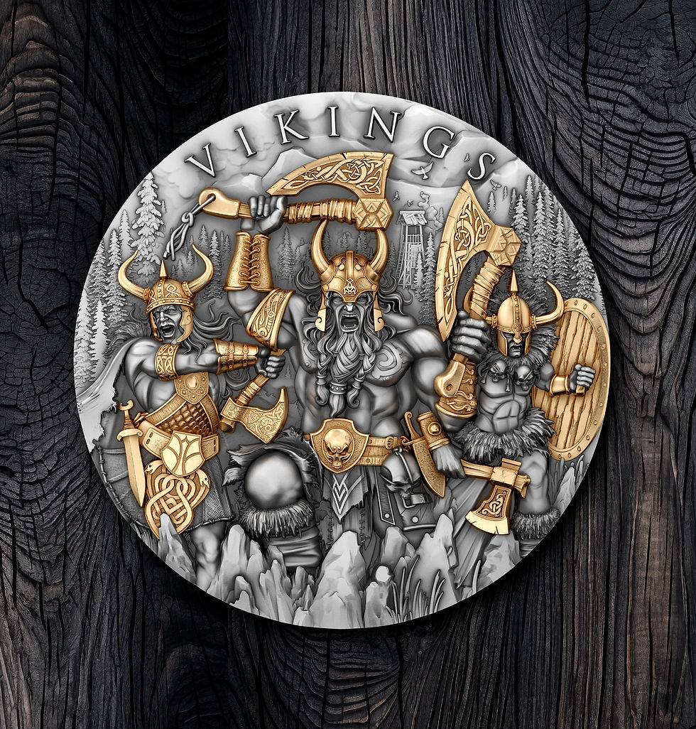 Thumbnail: Vikings 2024 Niue 2 oz $5  Pure Silver Gilded Antique Finish