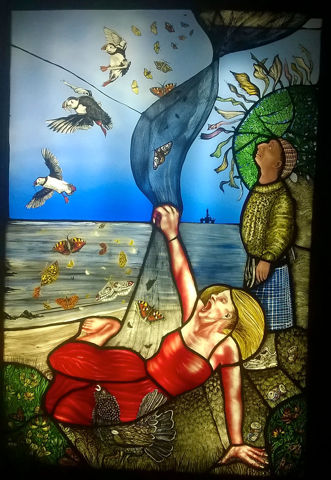Contemporary Glass UK Stained glass Pinkie Maclure Rewilding puffins butterflies endangered