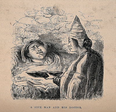 Ilustração de um médico chinês dando a um paciente doente uma grande tigela contendo remédio.