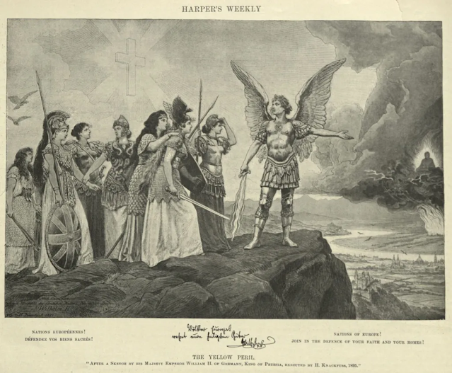 The Yellow Peril (1895). Ilustração que simboliza o medo ocidental da “ameaça asiática”. Enquanto no Brasil a raça foi usada para justificar o embranquecimento interno, na China ela apareceu como estigma externo, reforçando a luta por identidade e unidade nacional.