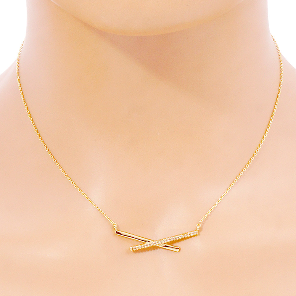 Gold Dipped CZ Stone Paved Crisscross Pendant Necklace