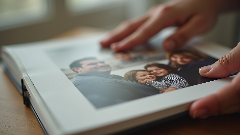 Close-up view of a caregiver’s hand gently holding a family photo album