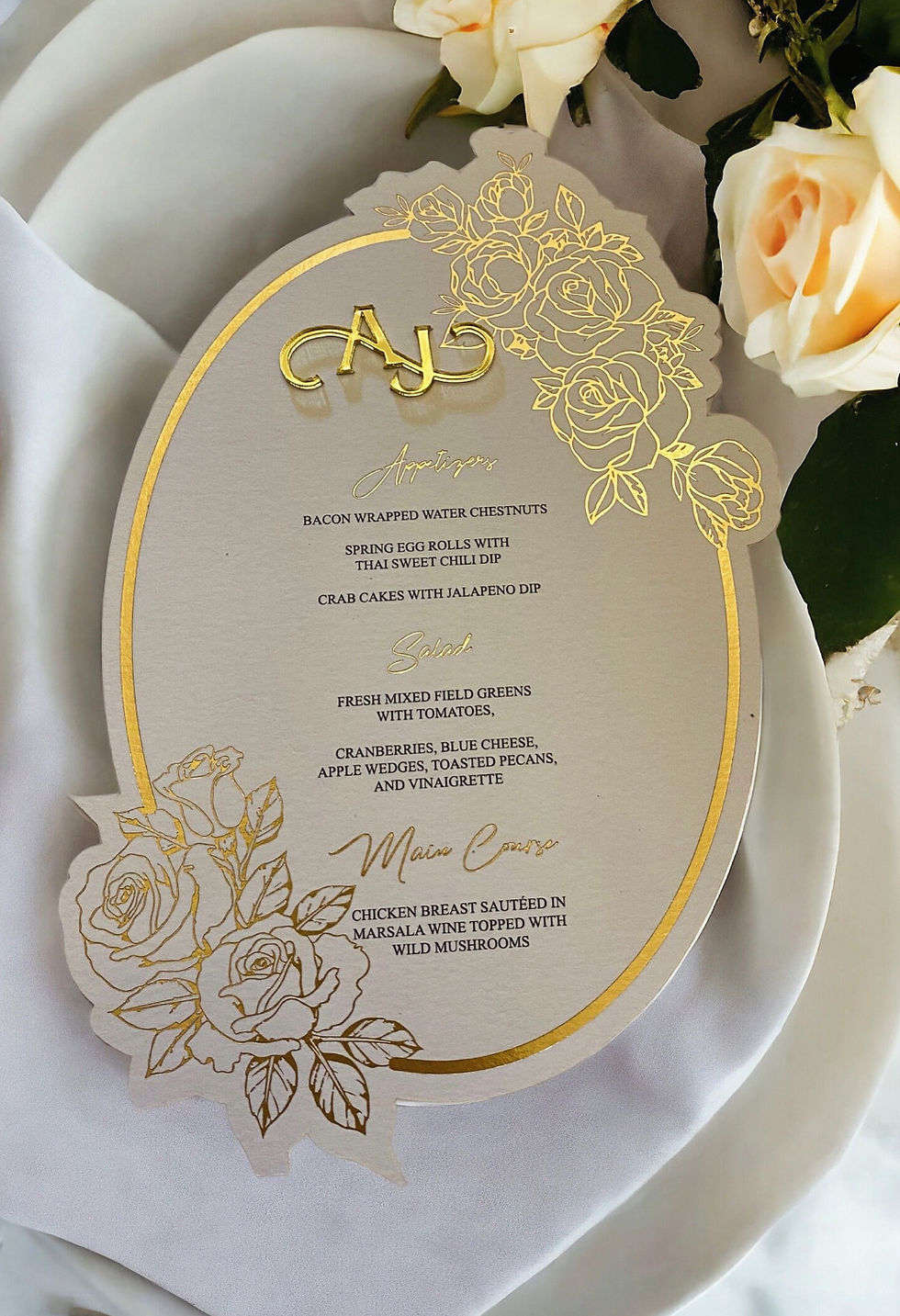 Thumbnail: Luxury Menu Cards - Oval Shape Gold Foil Printing - Custom 3D Name Tag - Wedding