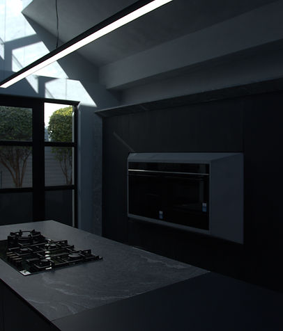 Industrial-inspired kitchen by Interiology™ with exposed textures, steel accents, and Caelu™ microcement surfaces for a refin