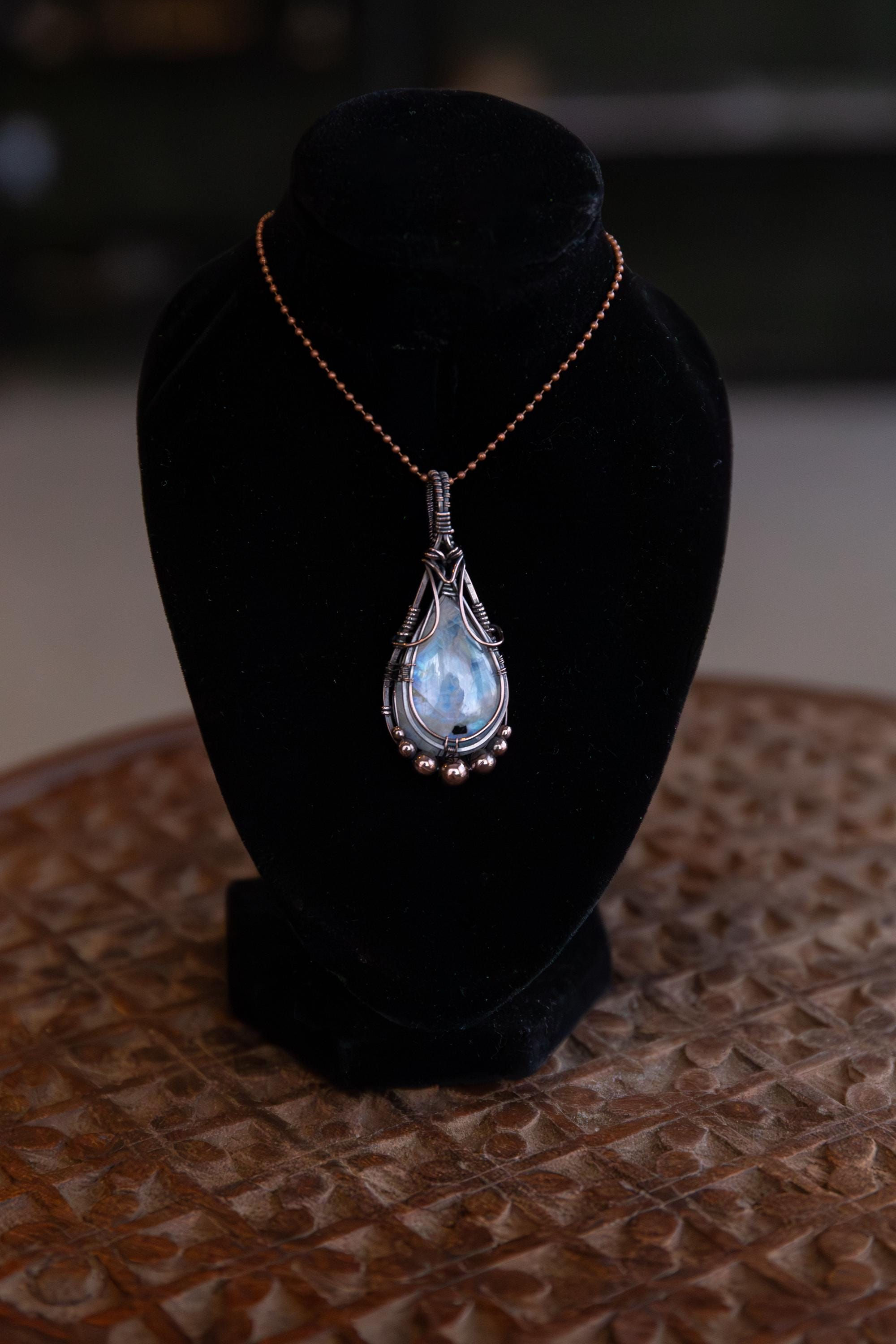 Rainbow Moonstone Copper Wire Wrapped Mini Pendant
