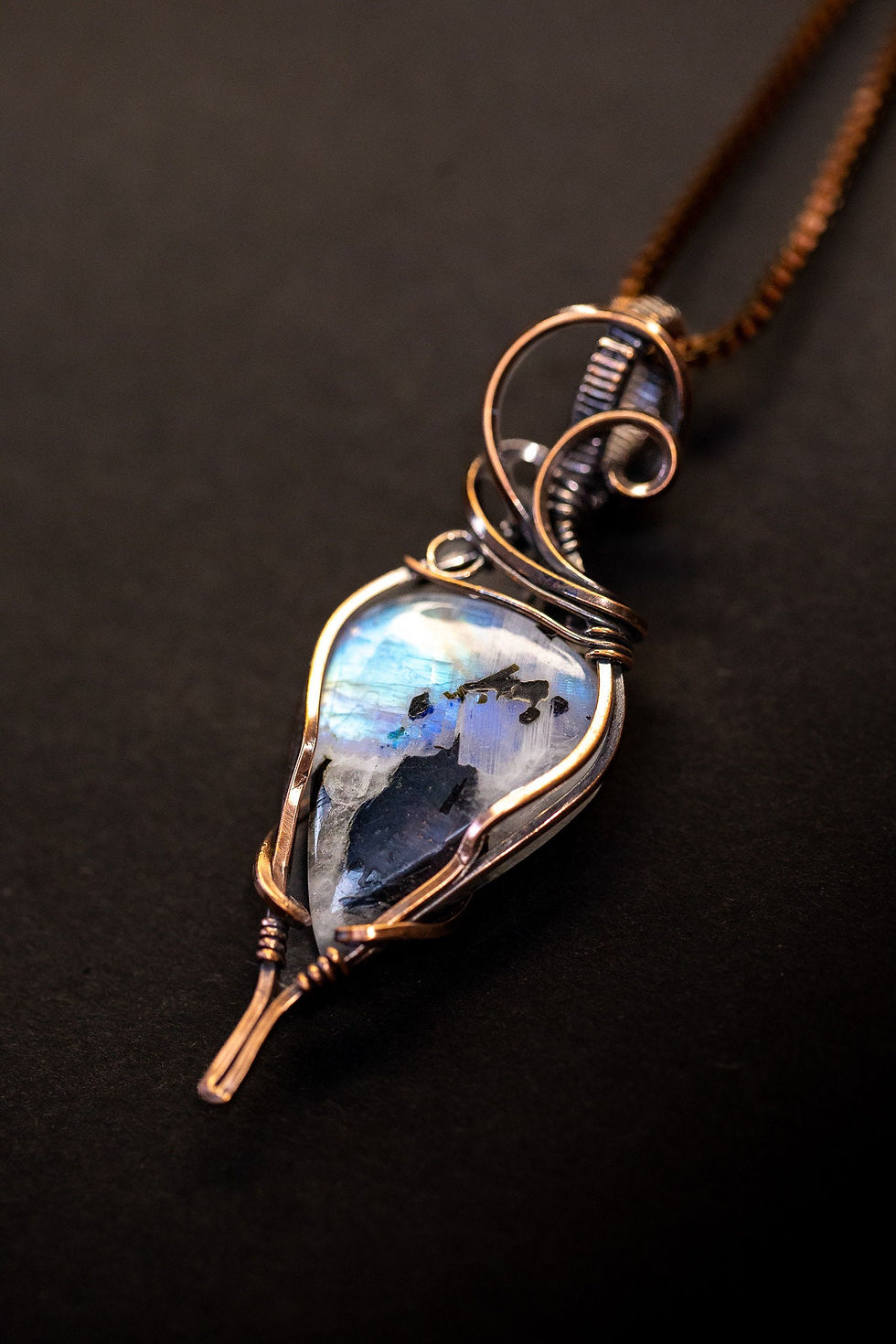 Rainbow Moonstone Copper Wire Wrapped Pendant