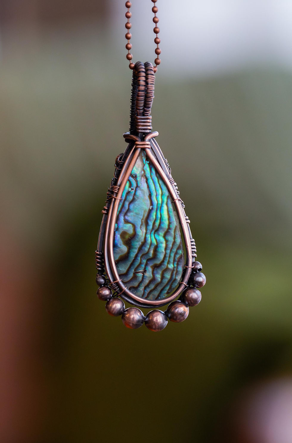 Thumbnail: Pāua (Abalone Shell)  Wire Wrapped Mini Pendant with 40cm / 16 inch Ball Chain