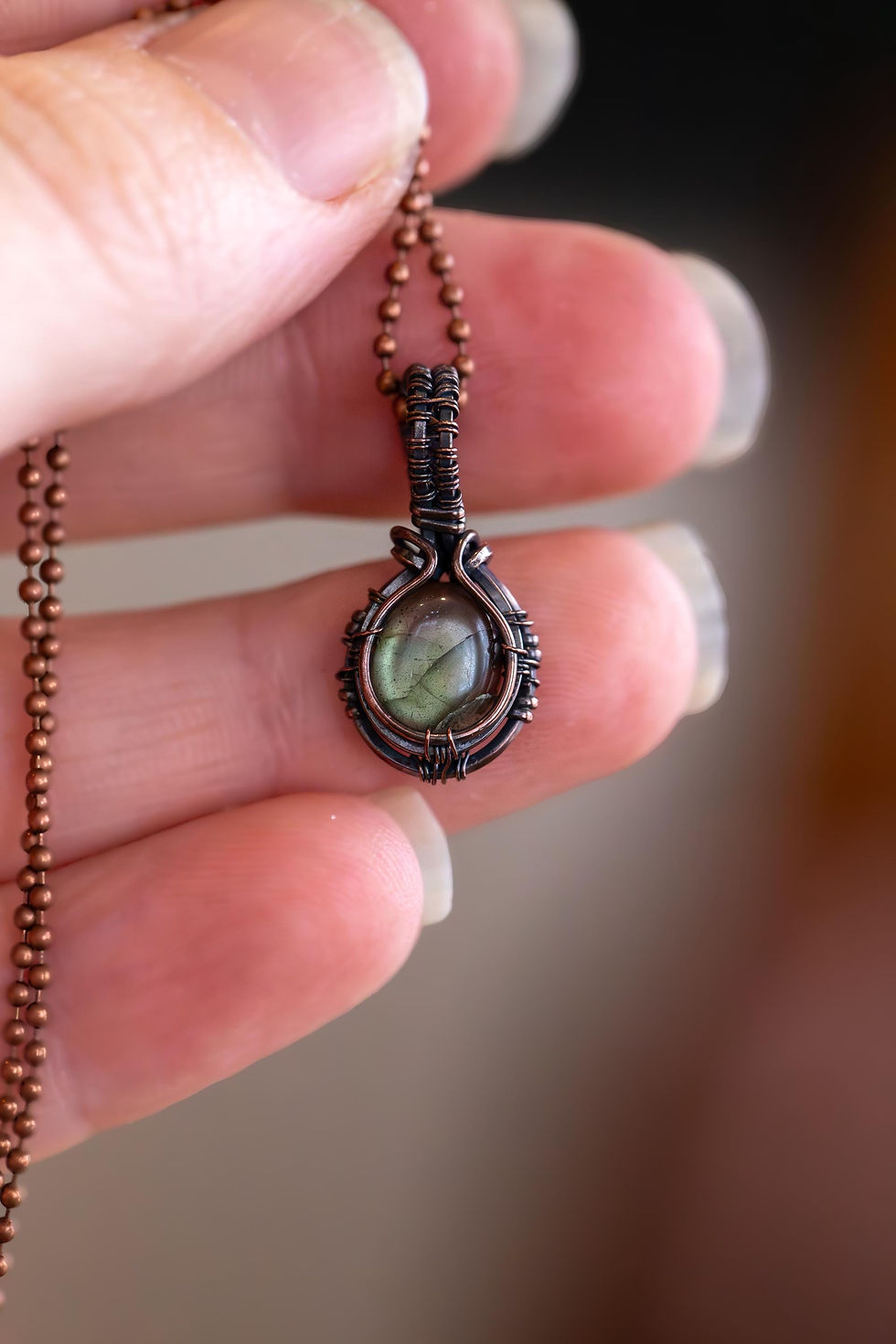 Thumbnail: Labradorite Copper Wire Wrapped Mini Pendant with 40cm / 16 inch Ball Chain