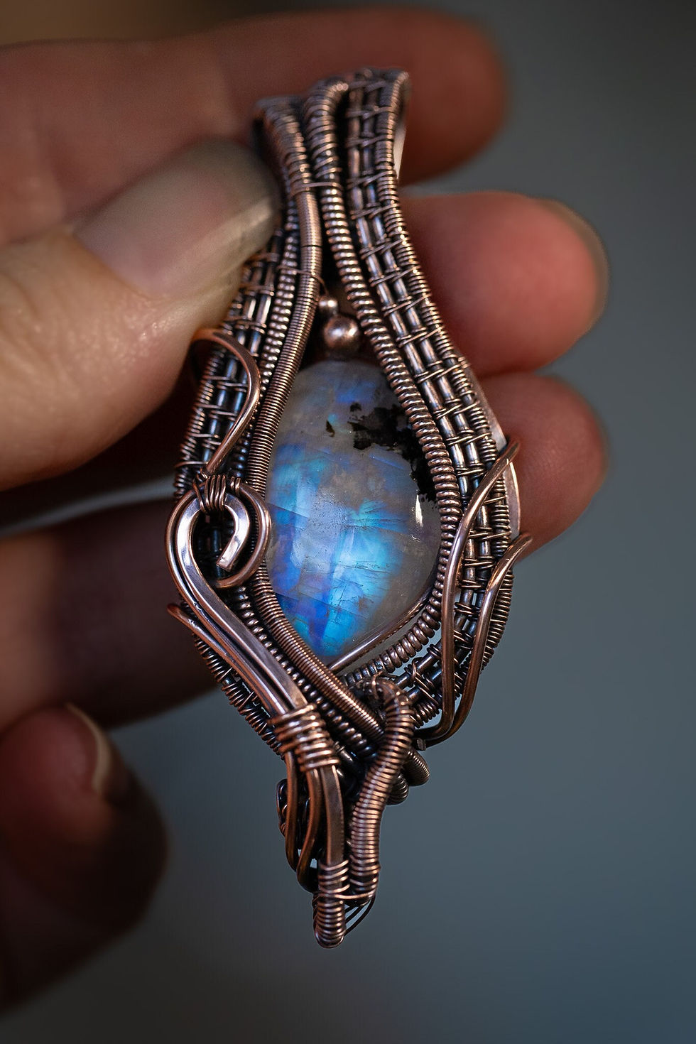 Thumbnail: Rainbow Moonstone Copper Wire Wrapped Amulet