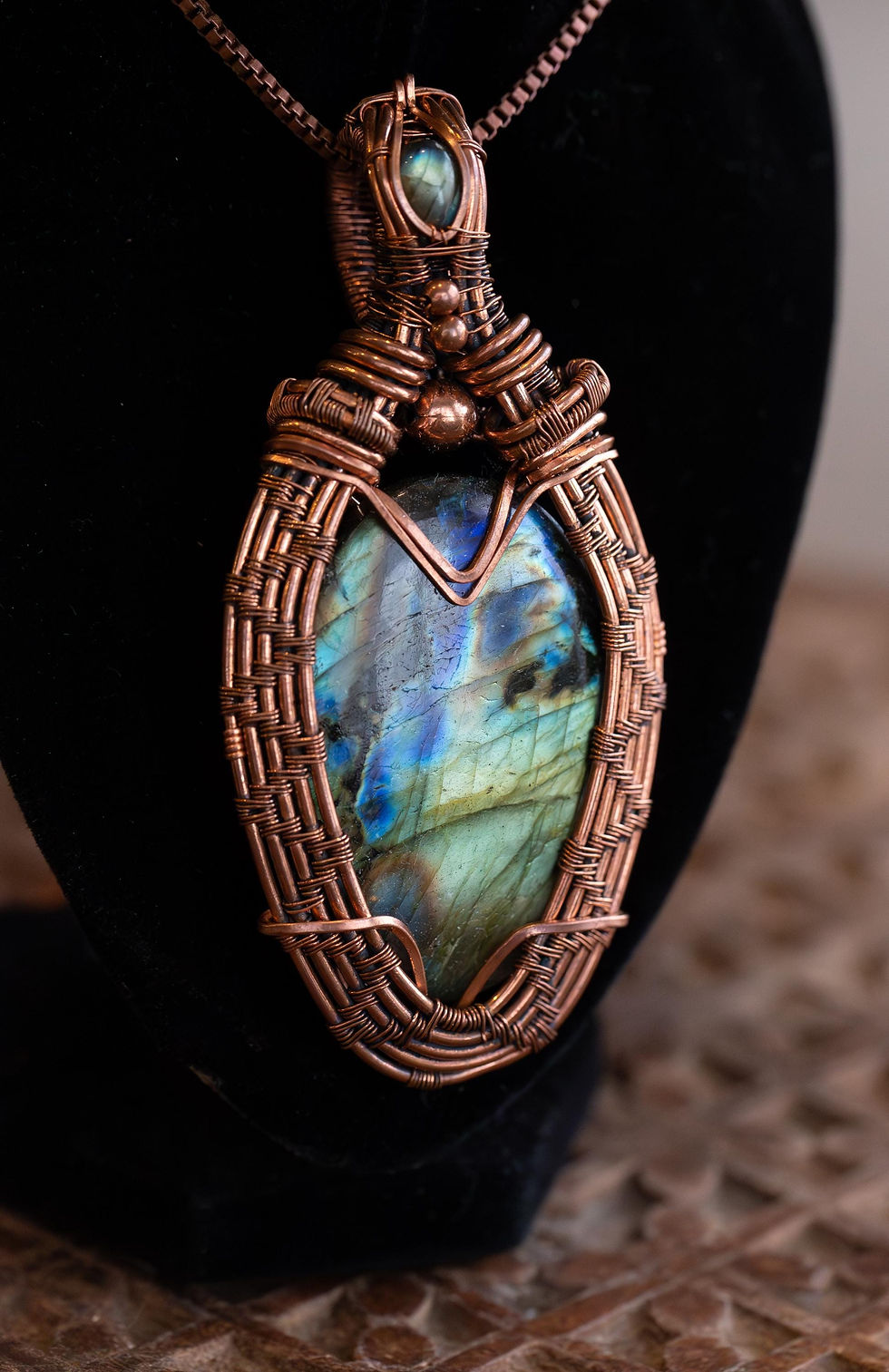 Thumbnail: Spectrolite Copper Wire Wrapped Amulet Pendant