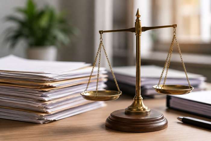 Bilancia della giustizia e documenti, immagine di archivio