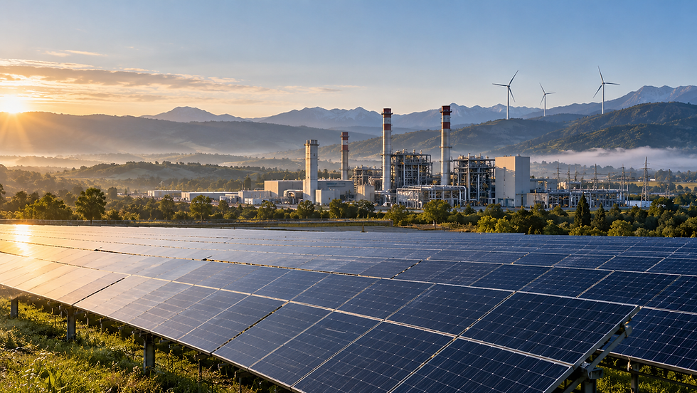 Pannelli fotovoltaici, centrale a gas e turbine eoliche in un paesaggio italiano