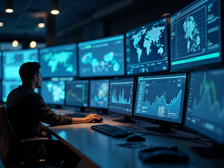 A security analyst monitoring security operations across multiple screens.