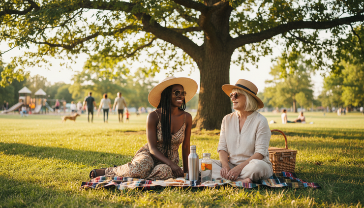 Eye-level view of two women wearing wide-brim hats and sunglasses while sitting in the shade at a park.