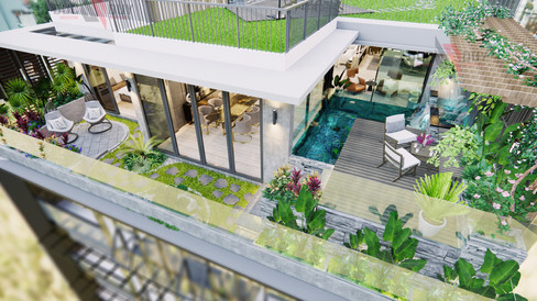 Hình ảnh thiết kế sân vườn cảnh quan penthouse tầng thượng tòa nhà văn phòng sang trọng, cao cấp, màu trắng kem, đen, vàng nhạc, do Đức Duy Architecture & Construction thiết kế xây dựng.
