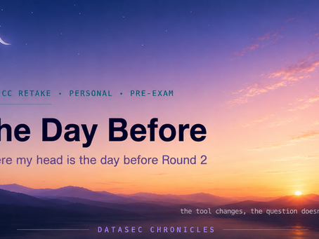 The Day Before blog hero — sunrise over mountains and a lake, DataSec Chronicles, ISC2 CC retake pre-exam post.