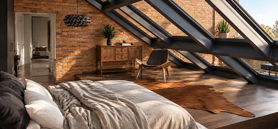 Meleg fényű téglafalas loft hálószoba.png