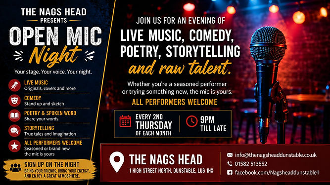 Open Mic Night Live Performances at the Nags Head - Events in Dunstable