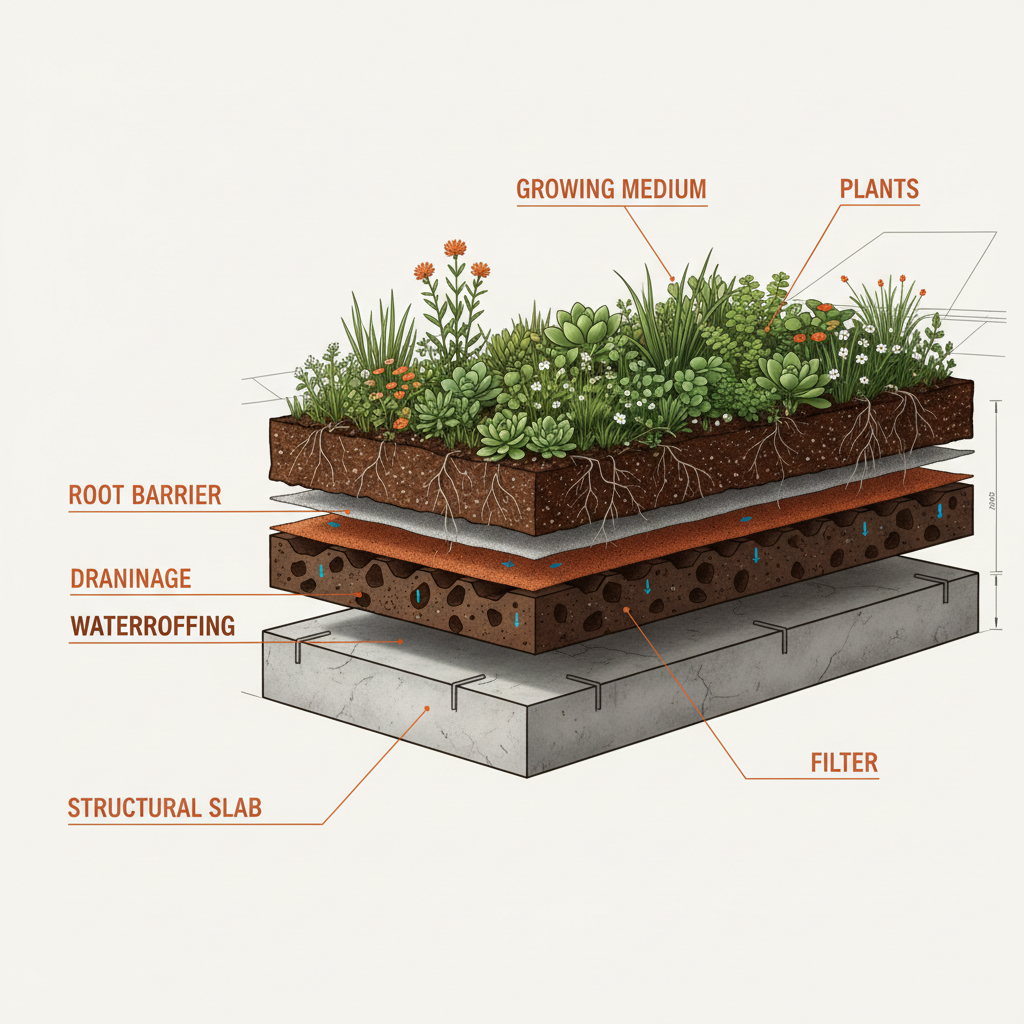 architectural drawing or render depicting the cross-section of a green roof with clear labels for each layer including s - green roof Singapore