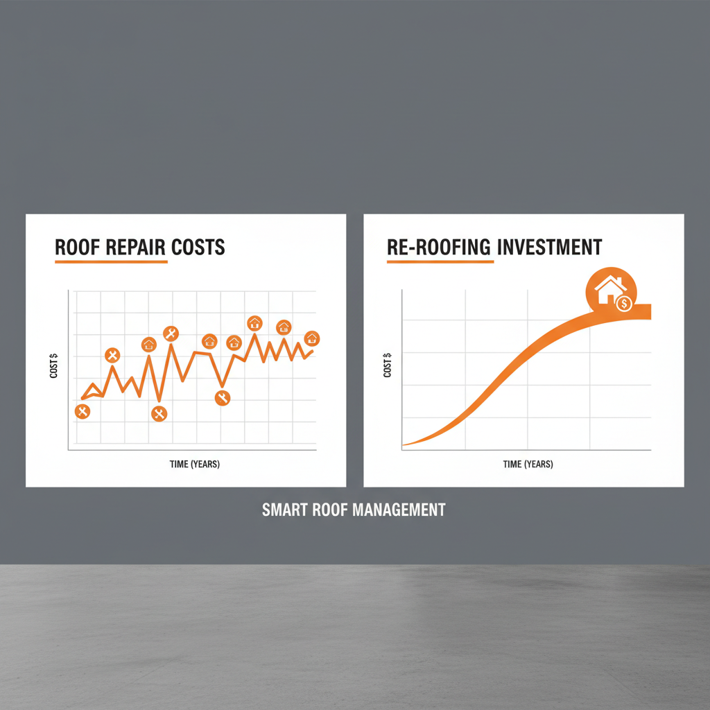 A side-by-side infographic illustrating cost graphs for roof repair vs. re-roofing, with repair showing smaller, frequen - re-roofing vs roof repair Singapore