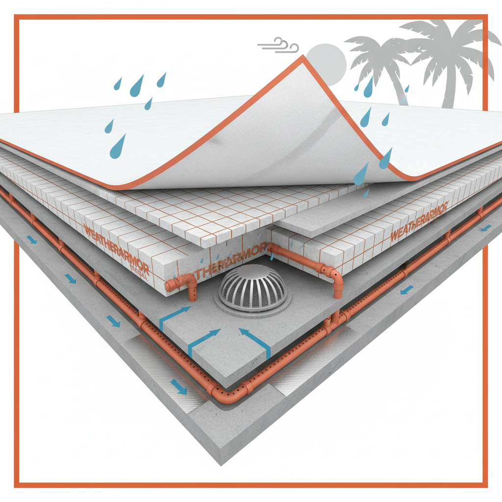 a detailed cross-section of a commercial flat roof showing layers of insulation, waterproofing membrane, and drainage sy - commercial roofing Singapore