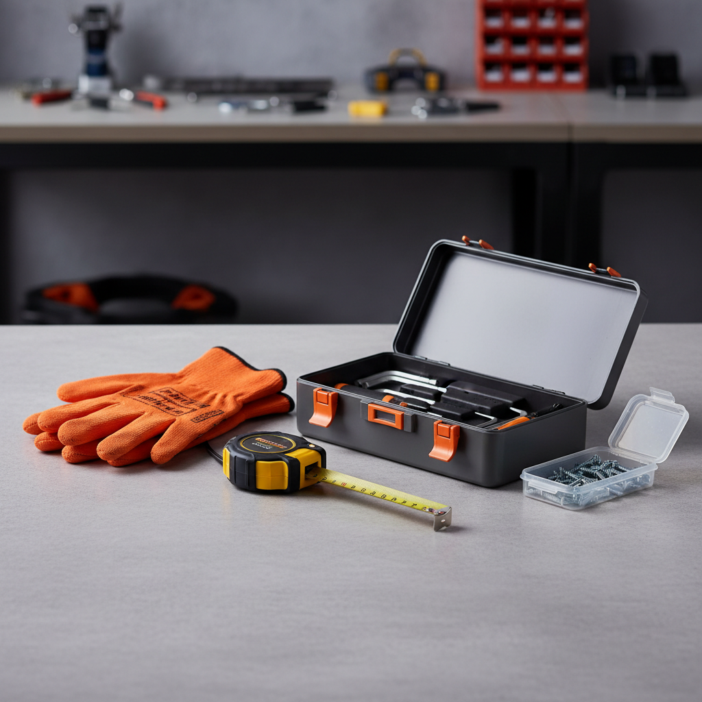 a clear, organized workspace with safety gloves, a measuring tape, and a small toolbox positioned on a clean surface, sy - emergency roof repair Singapore