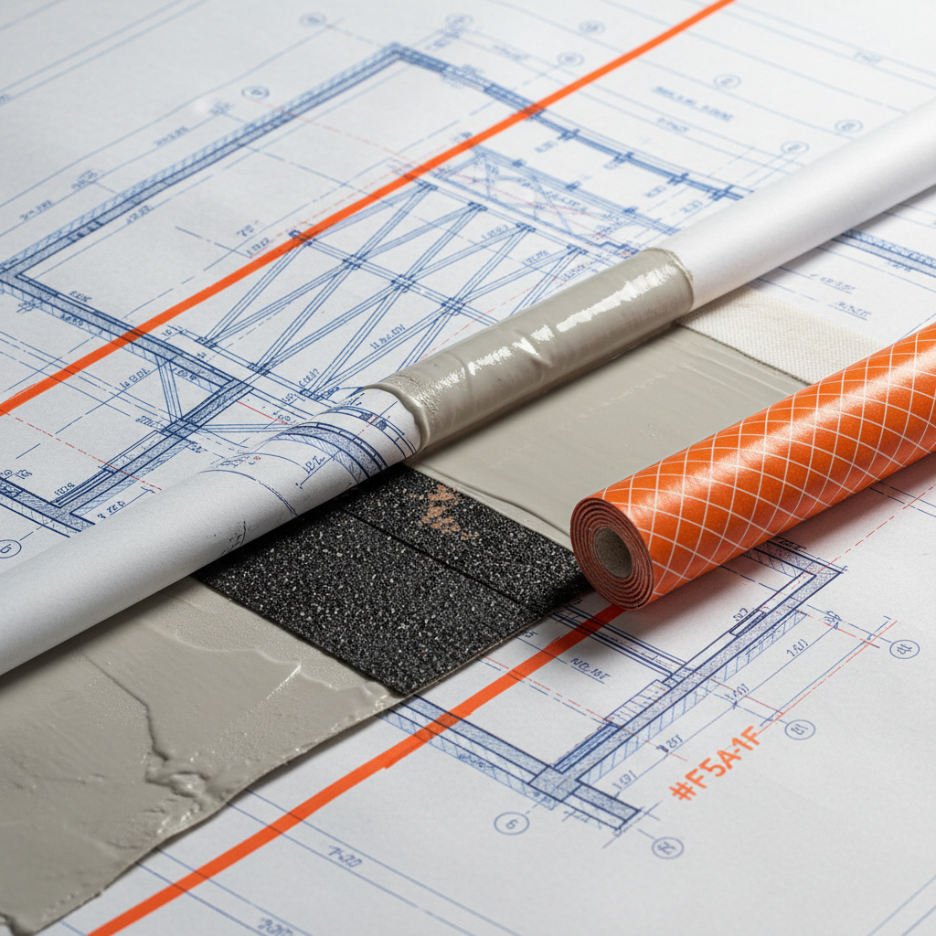an close-up, abstract shot of layered technical drawings and blueprints for a roof, overlaid with textural elements of d - roof waterproofing cost Singapore