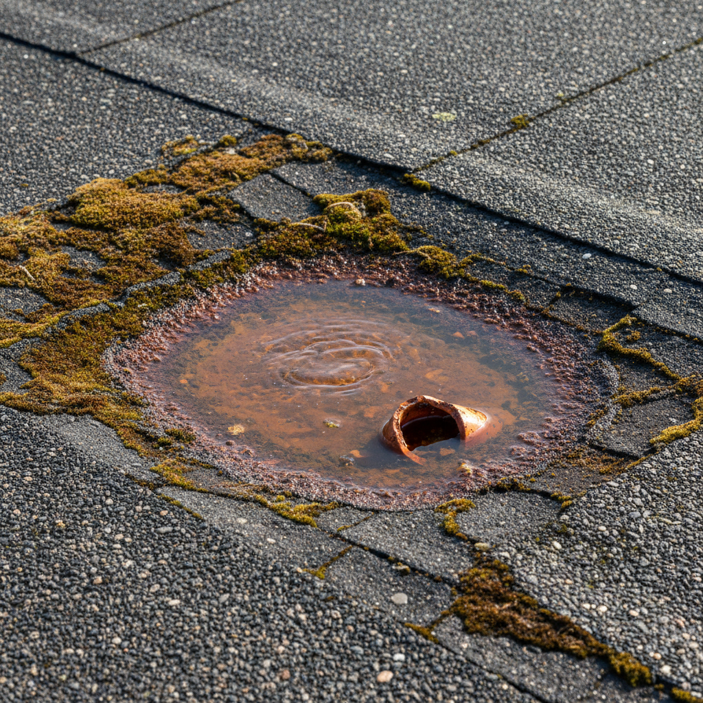 a close-up section of a flat roof showing a small puddle of ponding water, with moss growing in crevices, illustrating t - flat roof waterproofing Singapore