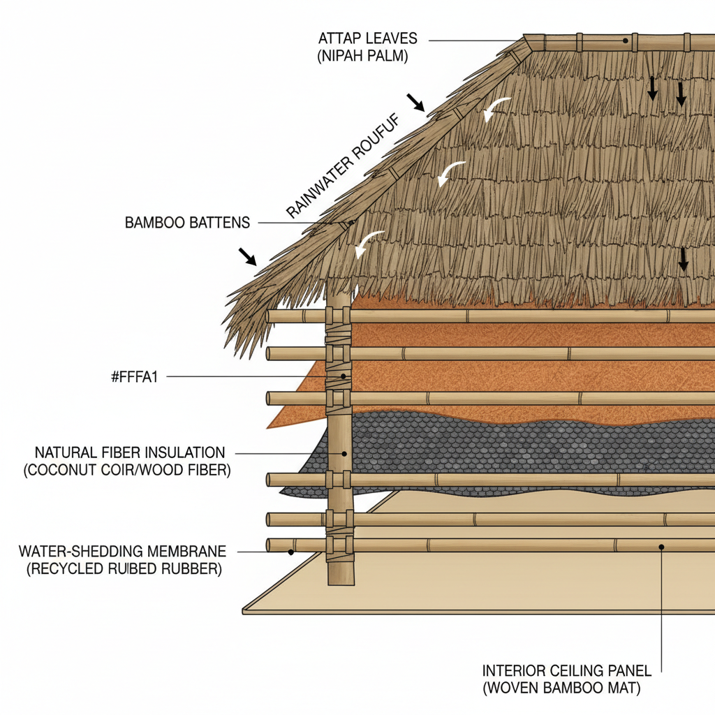 a cross-section diagram showing the layered structure of a modern attap roof with bamboo battens, illustrating the thick - attap roof Singapore
