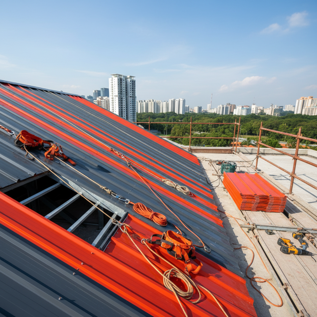 skilled roofing technicians installing metal roof panels on a residential property in Singapore, emphasizing safety equi - metal roofing Singapore