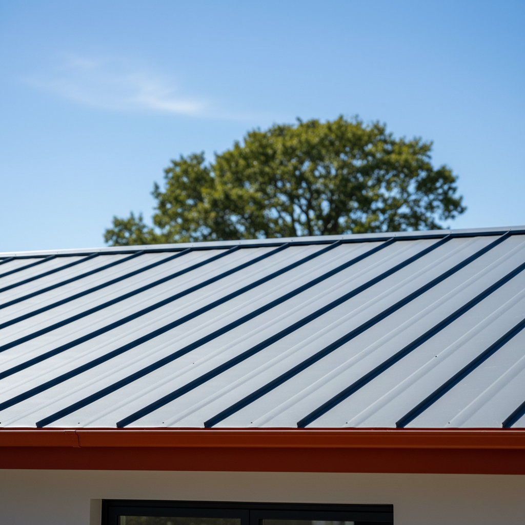 a clean, modern roof made of overlapping metal panels, reflecting the bright sunlight, with no visible damage or debris - roof repair Singapore