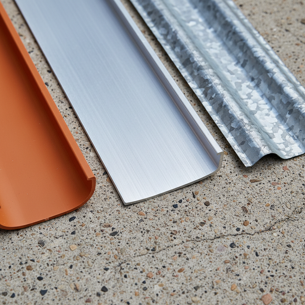 a close-up shot of different gutter material samples laid out, showing the distinct textures of PVC, aluminium, and galv - roof gutter Singapore
