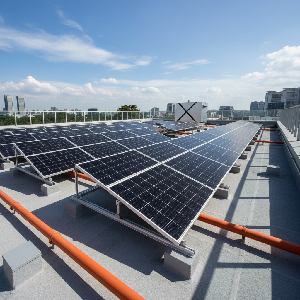 a clean, well-maintained rooftop with solar panels reflecting the sunny Singapore sky, emphasizing durability and modern - roofing inspections Singapore