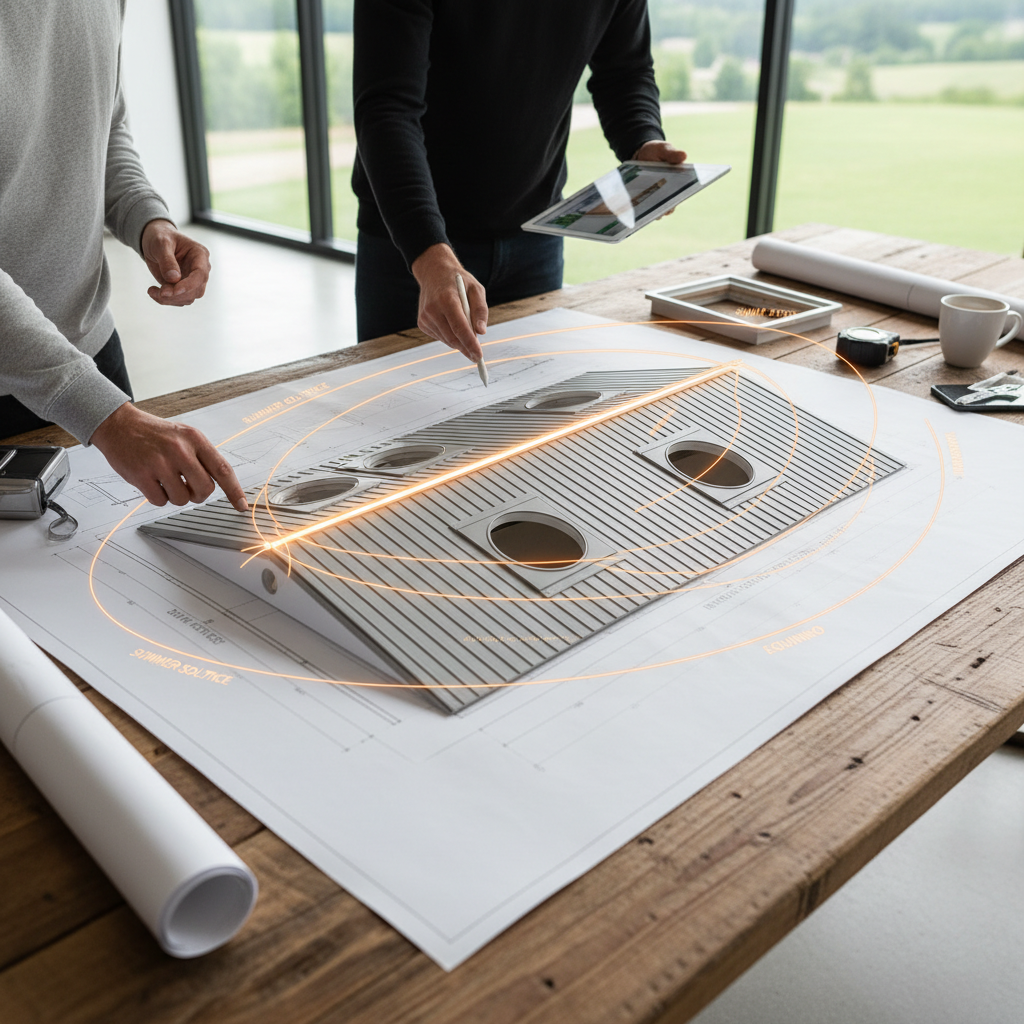 a homeowner and a professional discussing skylight placement on a roof blueprint, showing sun path analysis, no people - skylight installation Singapore